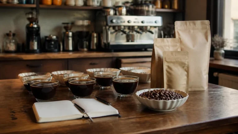 Coffee tasting cups, a notebook and unbranded coffee bags on a cafe table (illustrative image)