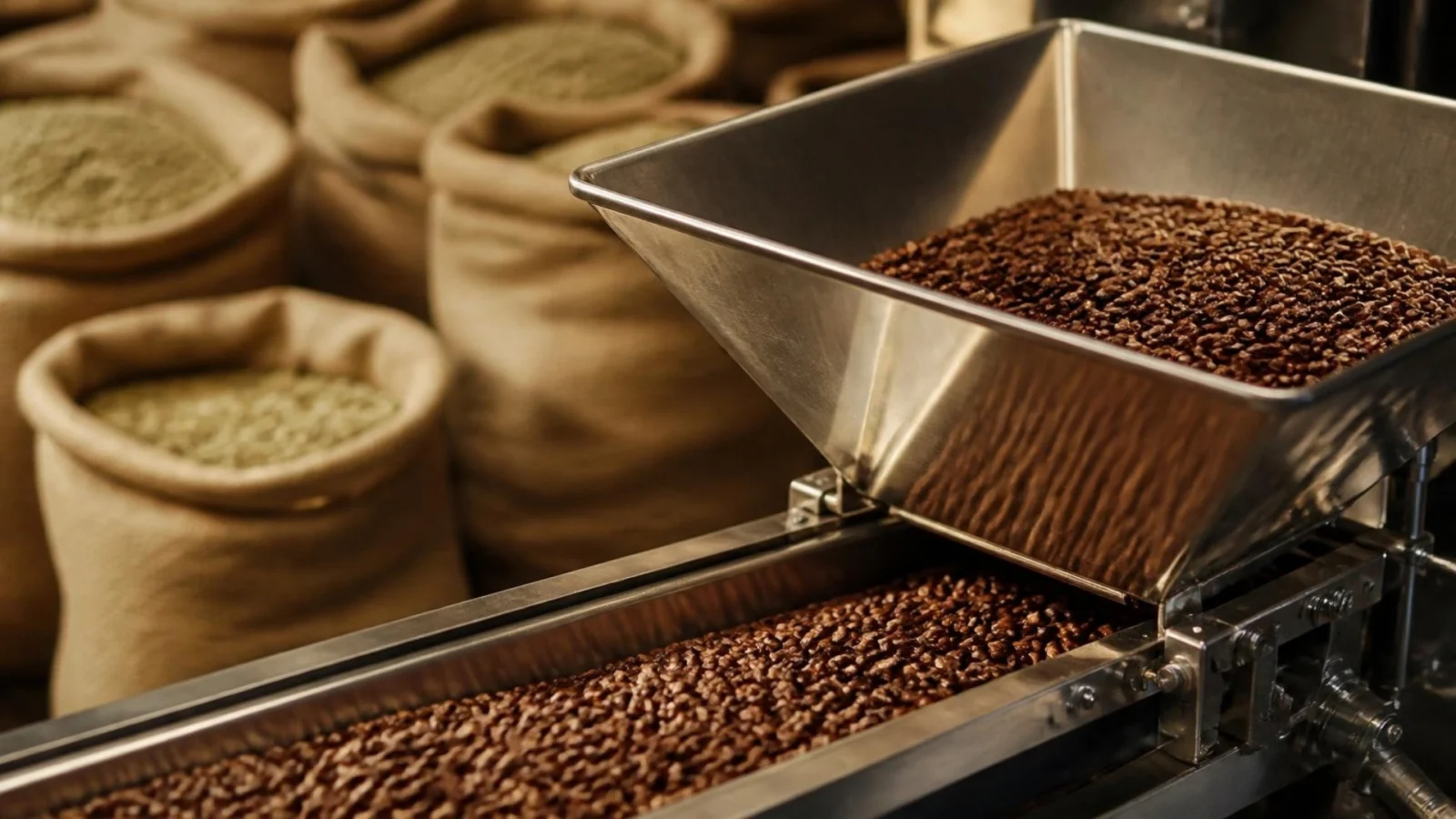 Roasted coffee beans moving from a steel hopper along a production line, with sacks of green coffee behind (illustrative image)