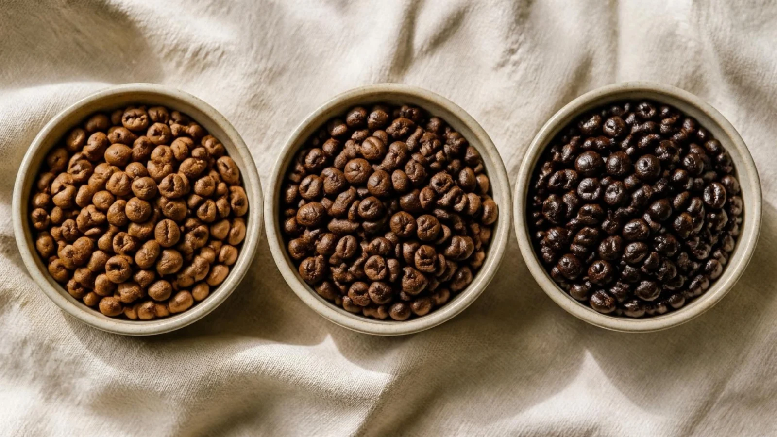 Three bowls of coffee beans showing light, medium and dark roast levels (illustrative image)