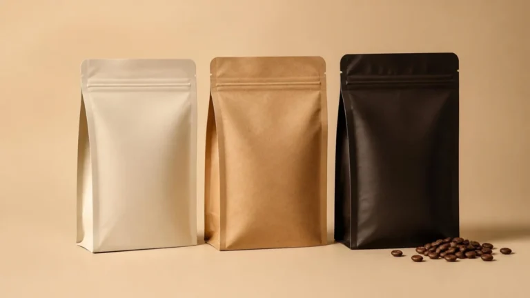 Three unbranded coffee pouches in cream, kraft and dark finishes with roasted beans (illustrative image)