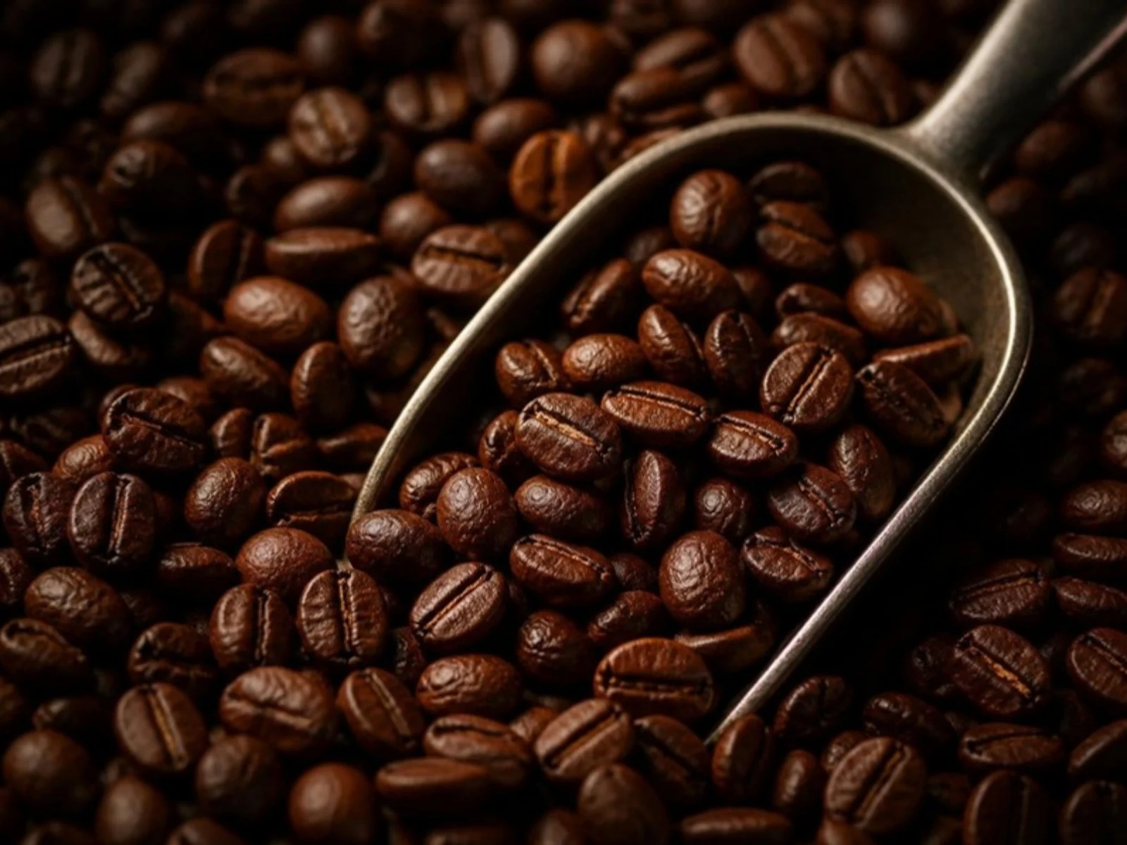 Dark roasted coffee beans with a metal scoop
