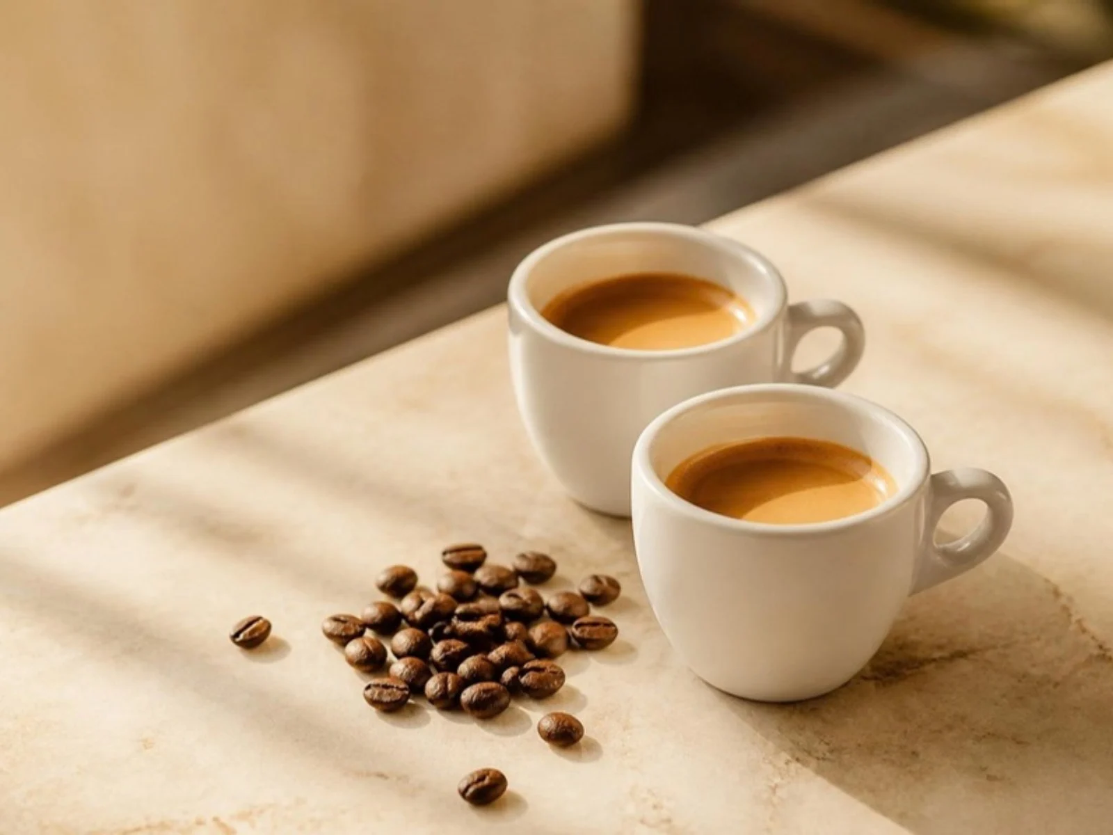 Two cups of espresso beside roasted coffee beans on a cream counter