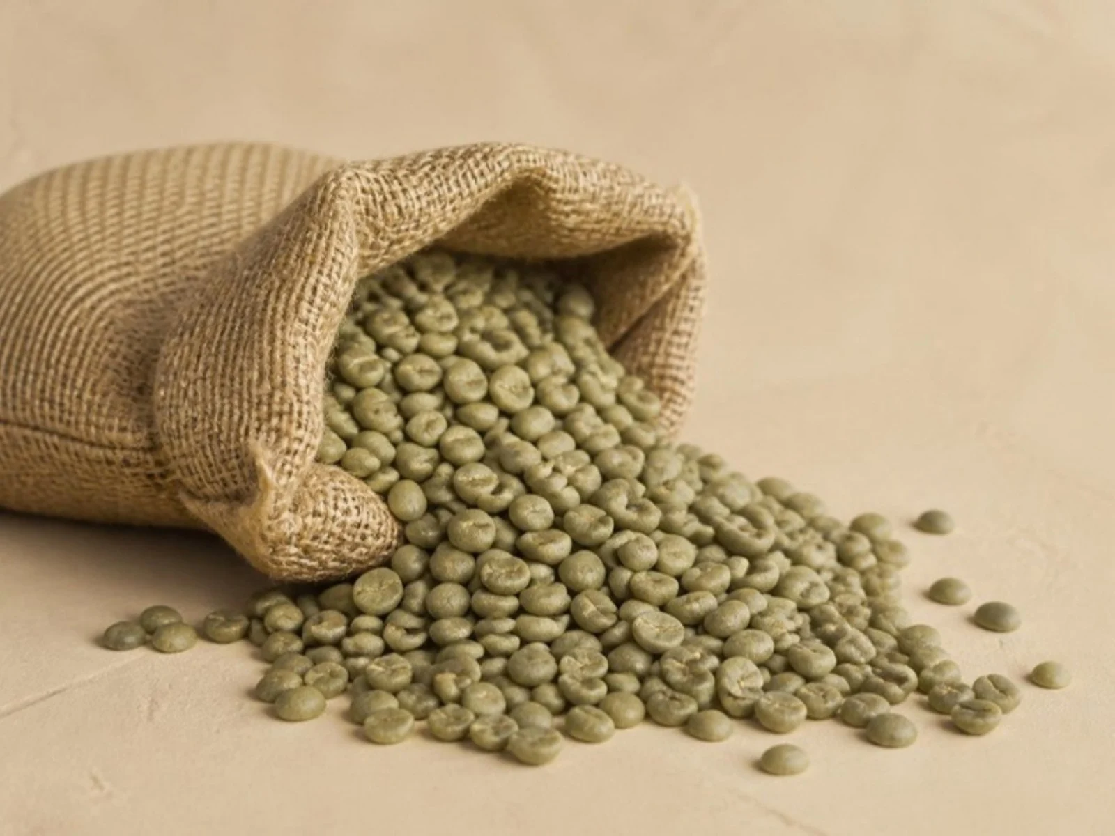 Green unroasted coffee beans spilling from a burlap sack