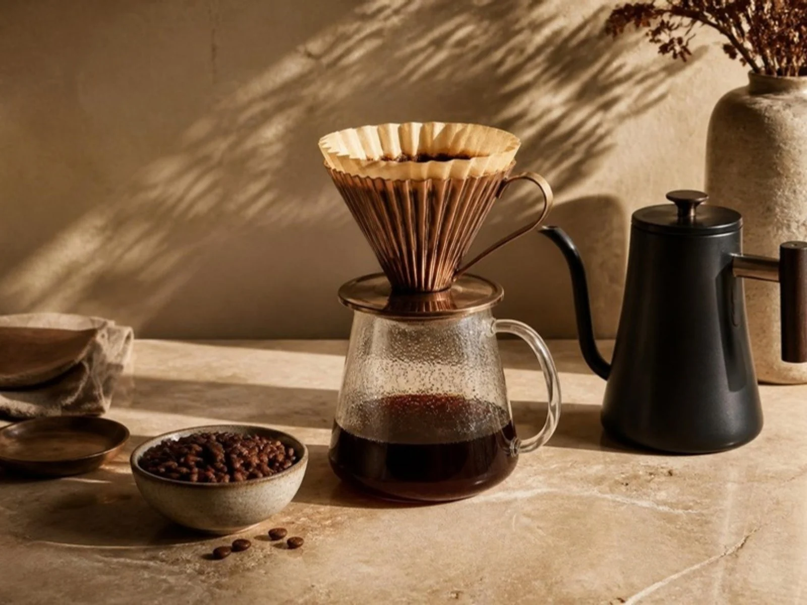 Pour-over coffee dripper, glass server and kettle on a stone counter