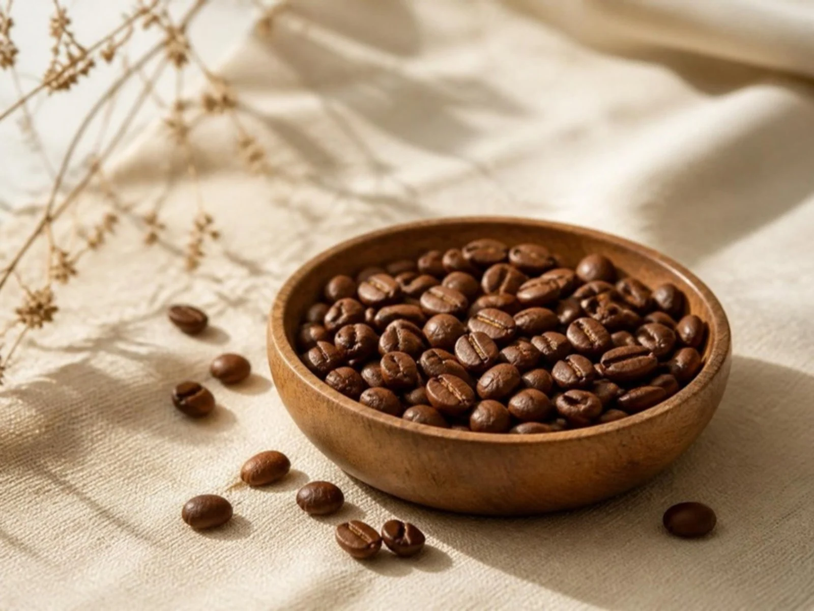 Roasted coffee beans in a wooden bowl on cream linen
