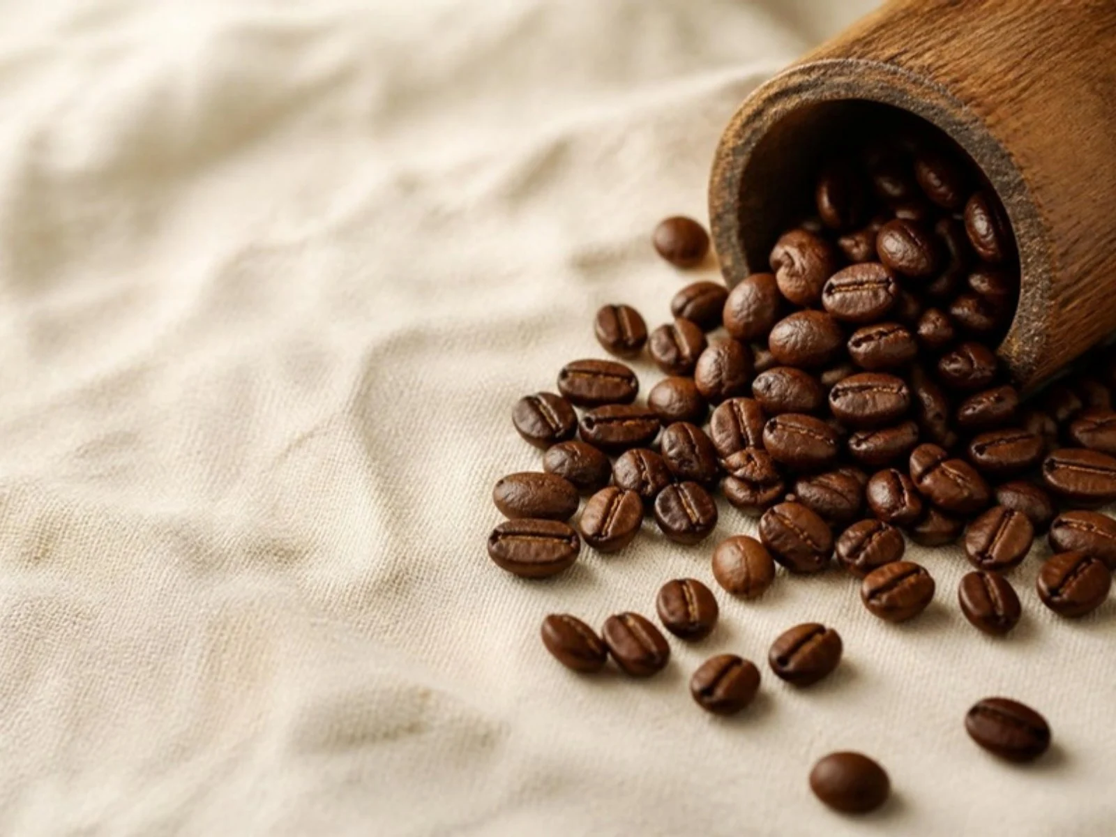 Roasted coffee beans spilling from a wooden scoop onto cream linen