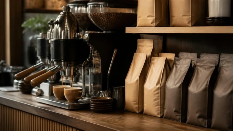 Espresso being prepared on a cafe counter beside shelves of unbranded coffee bags (illustrative image)